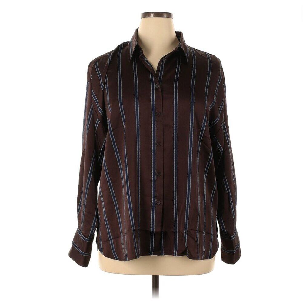 LOFT Metallic Stripe Button Down Shirt L Brown Blue